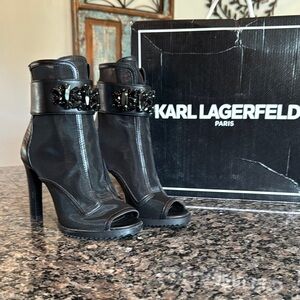 Karl Lagerfeld Black mesh Heeled Boots with Peep-Toe Design NWT 5.5